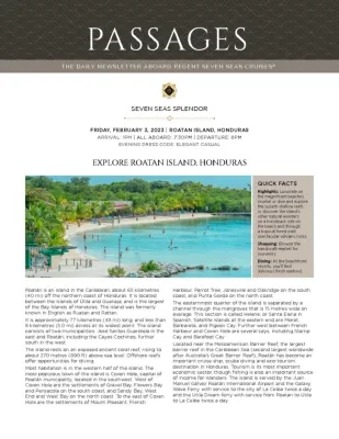 Sample Daily Planner  Regent Seven Seas Cruises Roatan Island Honduras - New to Selling Cruise